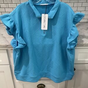 Double Take Top Womens 2XL Blue Textured Ruffle Sleeve Half Zip Polo Shirt NWT